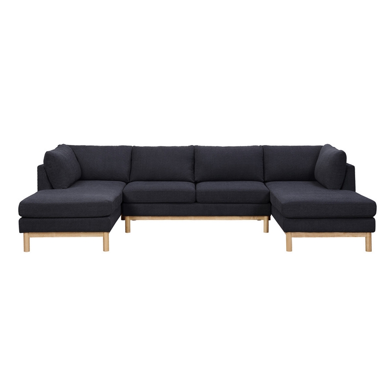 Hle 124 Inch Wide Sectional Sofa Double Chaise- U Shape- Black Sherpa- Wood