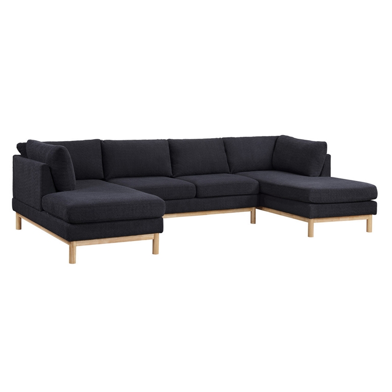 Hle 124 Inch Wide Sectional Sofa Double Chaise- U Shape- Black Sherpa- Wood