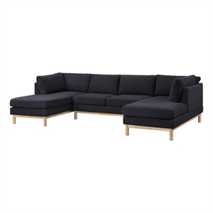 Hle 124 Inch Wide Sectional Sofa Double Chaise- U Shape- Black Sherpa- Wood
