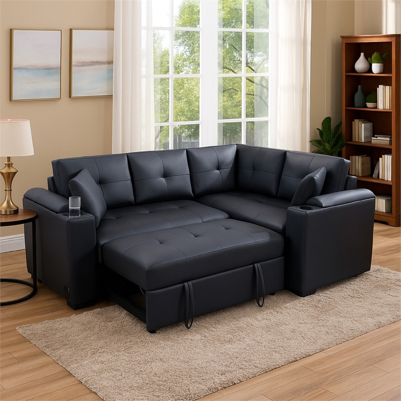 Nov Sectional Sleeper Sofa- 2 Pillows- USB Charger- Black Faux Leather