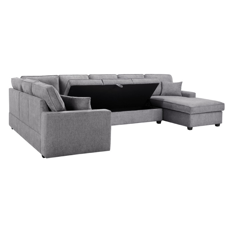 Sary 137 inch Sectional Sofa w Chaise- 2 Throw Pillows- Gray Chenille