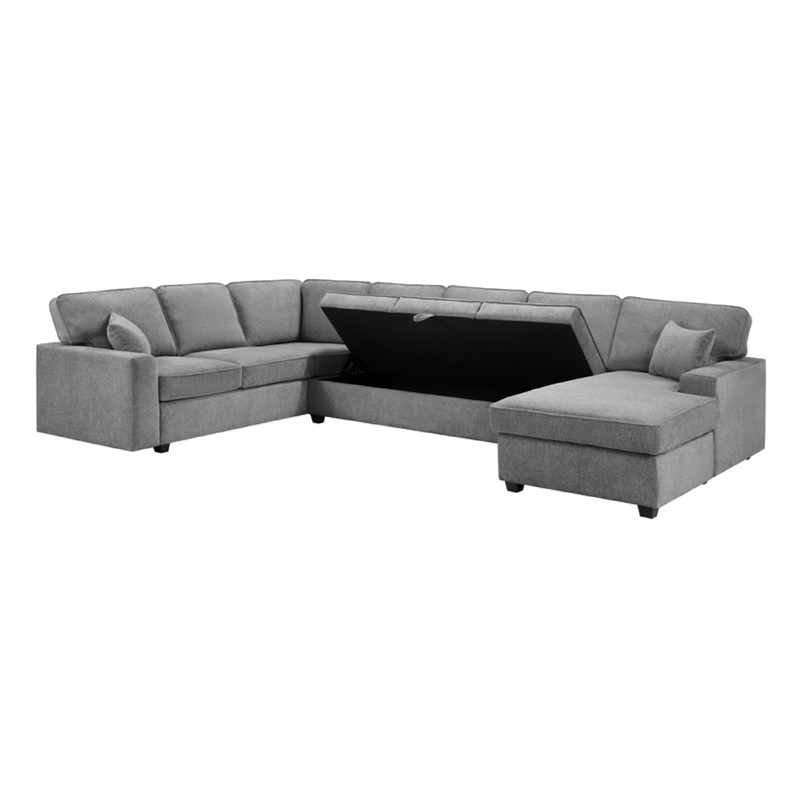 Sary 137 inch Sectional Sofa w Chaise- 2 Throw Pillows- Gray Chenille