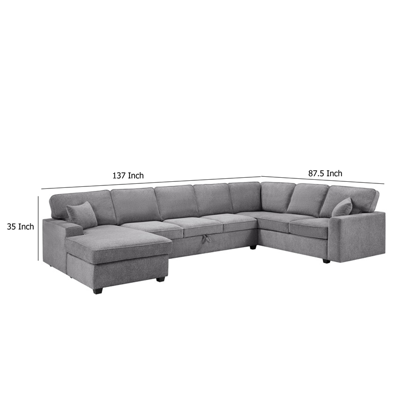 Sary 137 inch Sectional Sofa w Chaise- 2 Throw Pillows- Gray Chenille