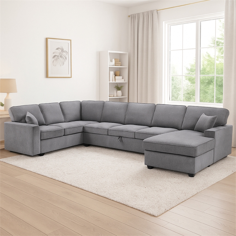 Sary 137 inch Sectional Sofa w Chaise- 2 Throw Pillows- Gray Chenille