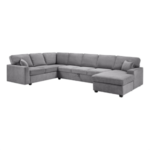 Sary 137 inch Sectional Sofa w Chaise- 2 Throw Pillows- Gray Chenille