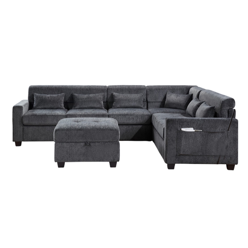 Reyna Sectional Sofa- Ottoman- Adjustable Back- Gray Chenille 115 Inch