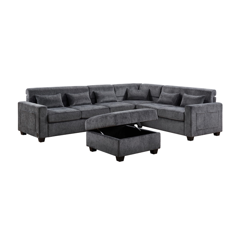 Reyna Sectional Sofa- Ottoman- Adjustable Back- Gray Chenille 115 Inch