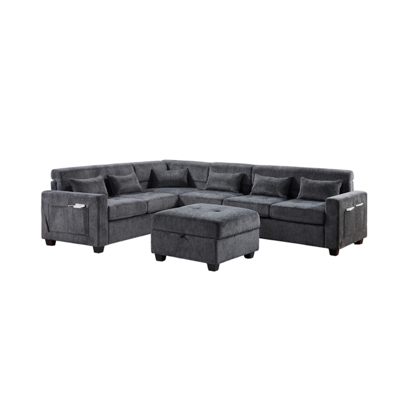 Reyna Sectional Sofa- Ottoman- Adjustable Back- Gray Chenille 115 Inch