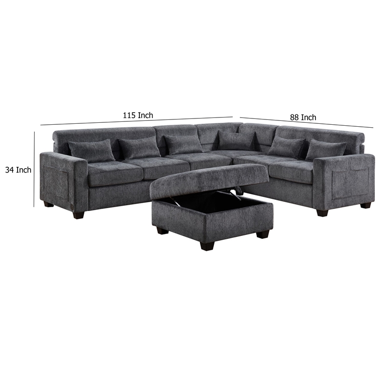 Reyna Sectional Sofa- Ottoman- Adjustable Back- Gray Chenille 115 Inch