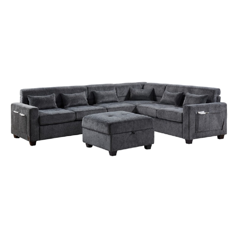 Reyna Sectional Sofa- Ottoman- Adjustable Back- Gray Chenille 115 Inch