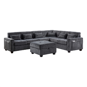 Reyna Sectional Sofa- Ottoman- Adjustable Back- Gray Chenille 115 Inch