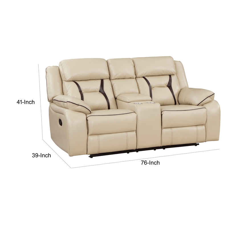 Millie 76 Inch Manual Dual Recliner Loveseat- Cupholder- Beige Faux Leather