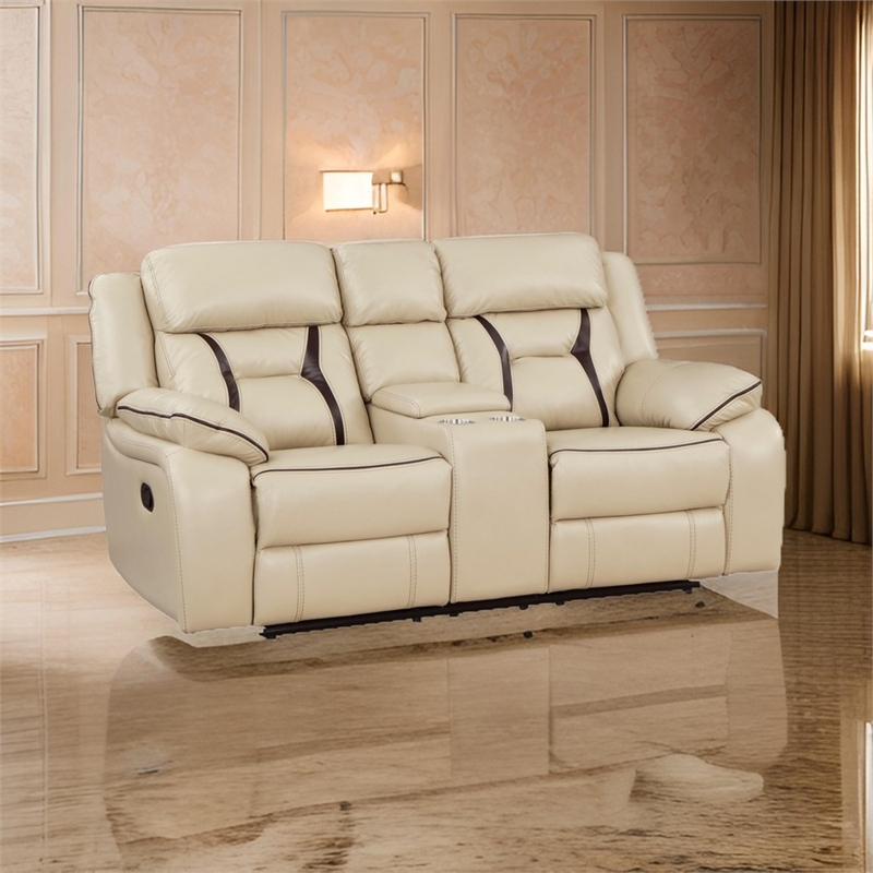 Millie 76 Inch Manual Dual Recliner Loveseat- Cupholder- Beige Faux Leather