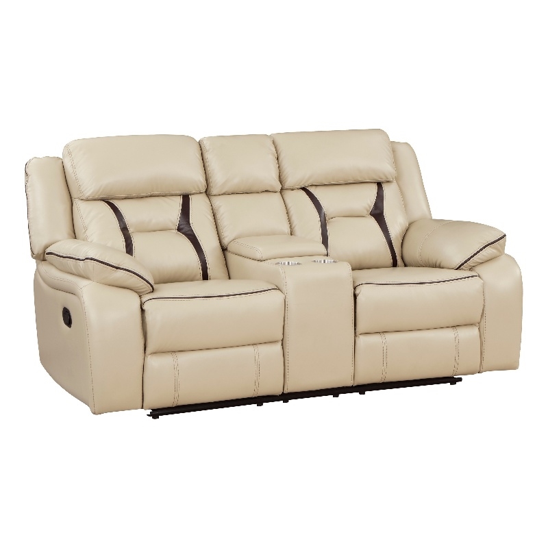 Millie 76 Inch Manual Dual Recliner Loveseat- Cupholder- Beige Faux Leather