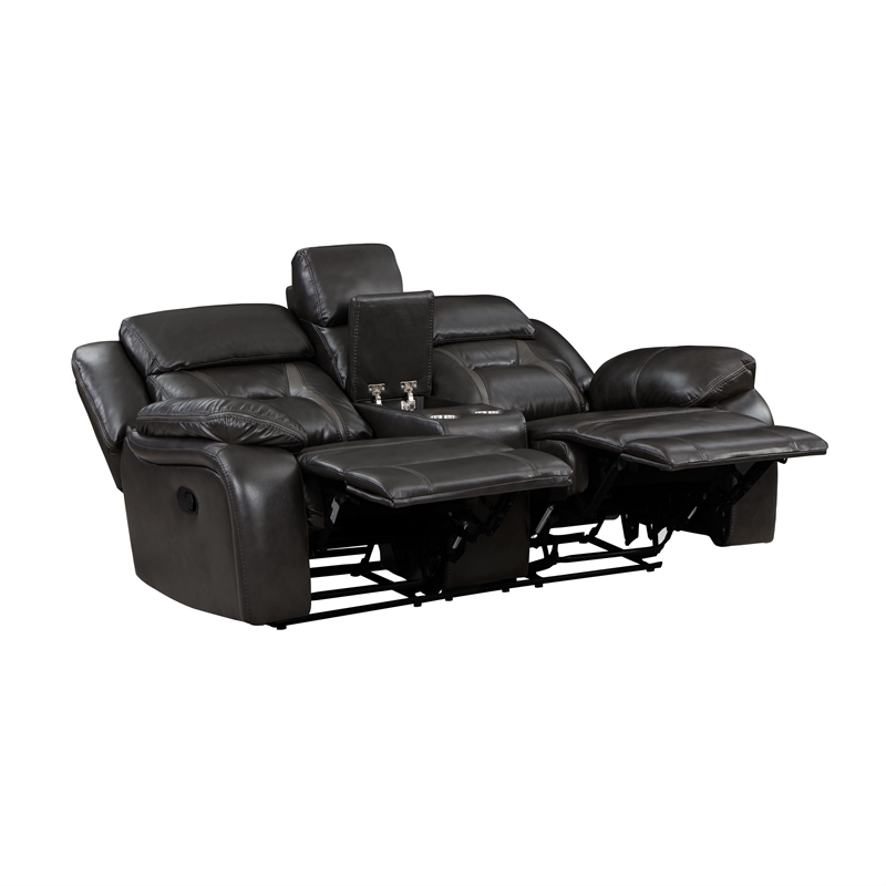 Millie 76 Inch Manual Dual Recliner Loveseat- Cupholders- Gray Faux Leather