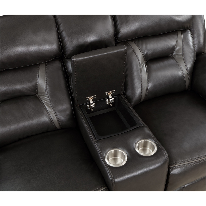 Millie 76 Inch Manual Dual Recliner Loveseat- Cupholders- Gray Faux Leather