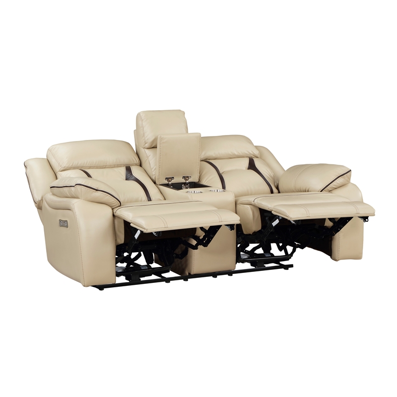 Millie 76 Inch Power Dual Recliner Loveseat- Cupholders- Beige Faux Leather