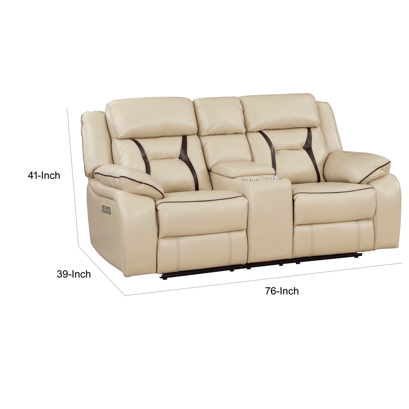 Millie 76 Inch Power Dual Recliner Loveseat- Cupholders- Beige Faux Leather