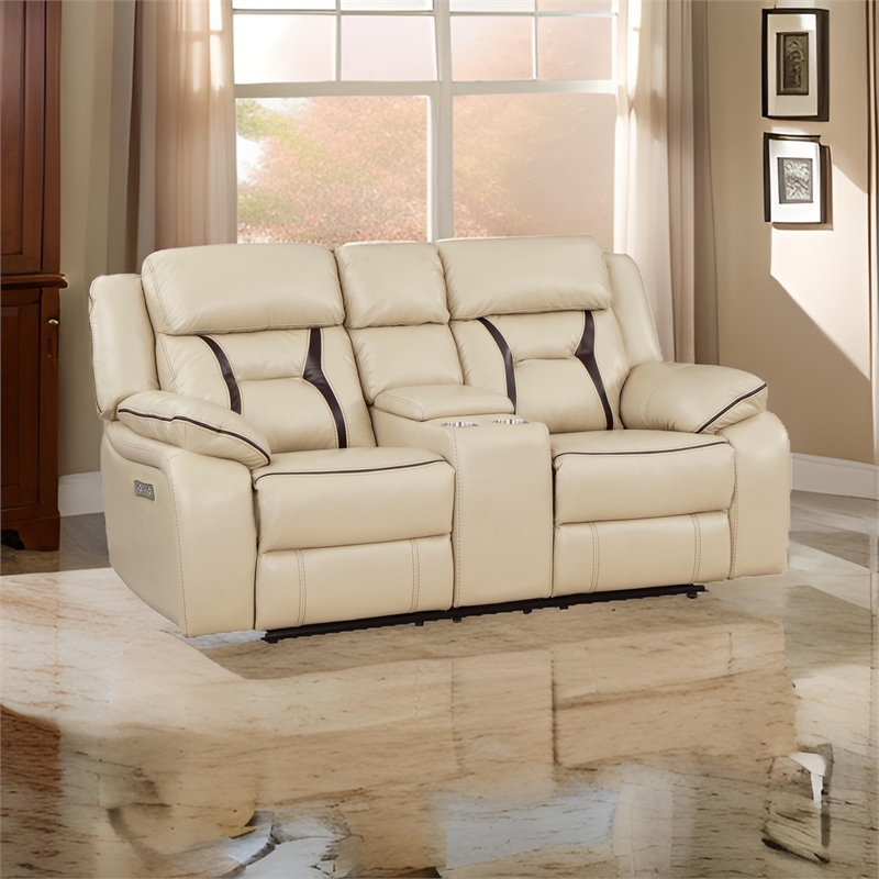 Millie 76 Inch Power Dual Recliner Loveseat- Cupholders- Beige Faux Leather