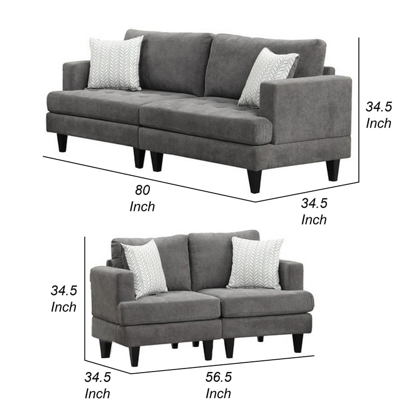 Lae 2 Piece Sofa and Loveseat Set- 4 Throw Pillows- Tufted- Gray Chenille