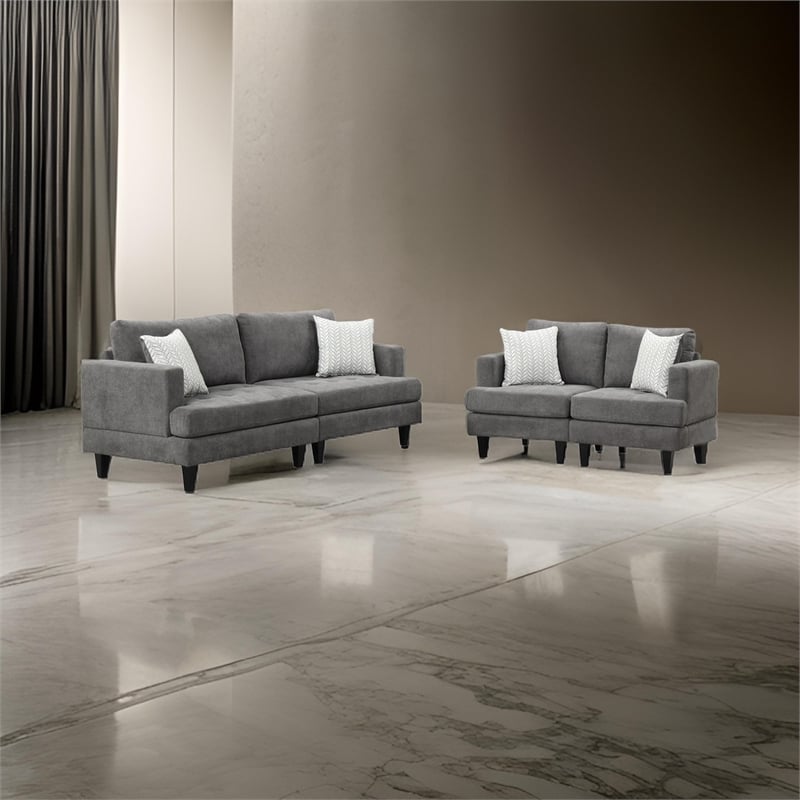 Lae 2 Piece Sofa and Loveseat Set- 4 Throw Pillows- Tufted- Gray Chenille