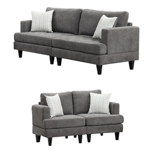 Lae 2 Piece Sofa and Loveseat Set- 4 Throw Pillows- Tufted- Gray Chenille