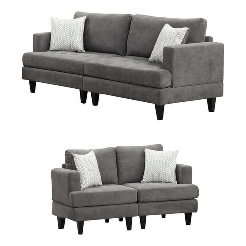 Lae 2 Piece Sofa and Loveseat Set- 4 Throw Pillows- Tufted- Gray Chenille
