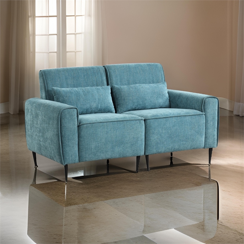 Tiu 62 Inch Loveseat with 2 Lumbar Pillows- Blue Chenille- Solid Wood