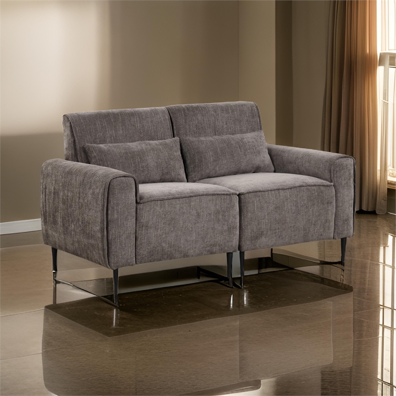 Tiu 62 Inch Loveseat with 2 Lumbar Pillows- Gray Chenille- Solid Wood
