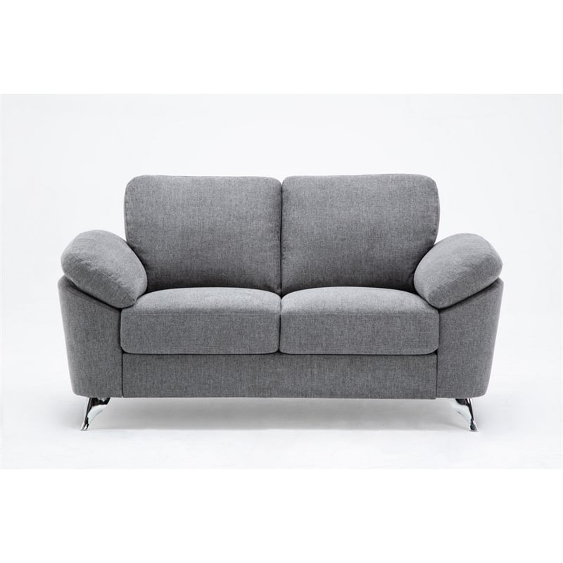 Nel 64 Inch Loveseat with Soft Gray Linen- Chrome Metal Legs- Solid Wood
