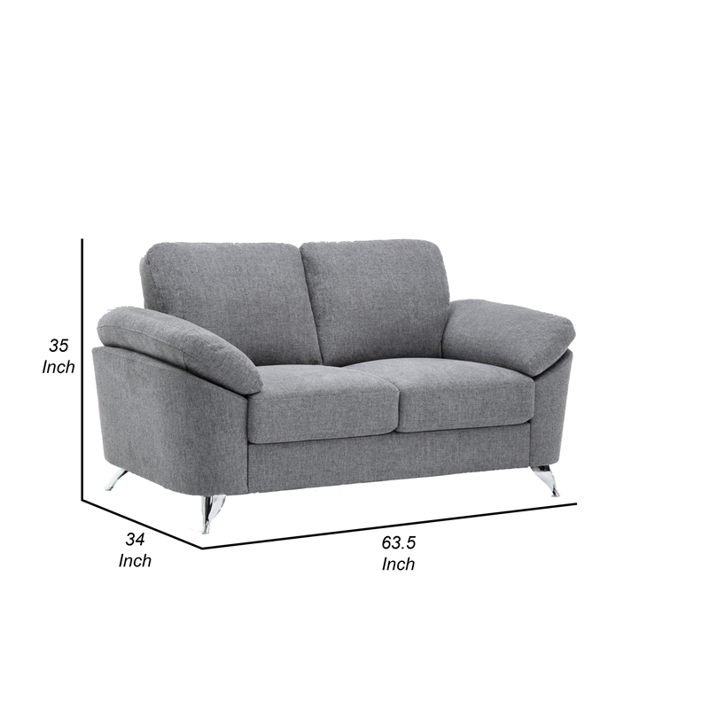 Nel 64 Inch Loveseat with Soft Gray Linen- Chrome Metal Legs- Solid Wood
