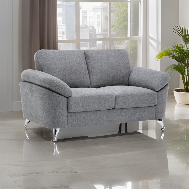 Nel 64 Inch Loveseat with Soft Gray Linen- Chrome Metal Legs- Solid Wood