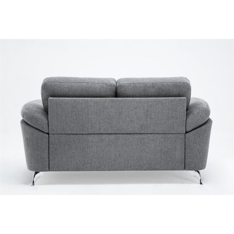 Nel 64 Inch Loveseat with Soft Gray Linen- Chrome Metal Legs- Solid Wood
