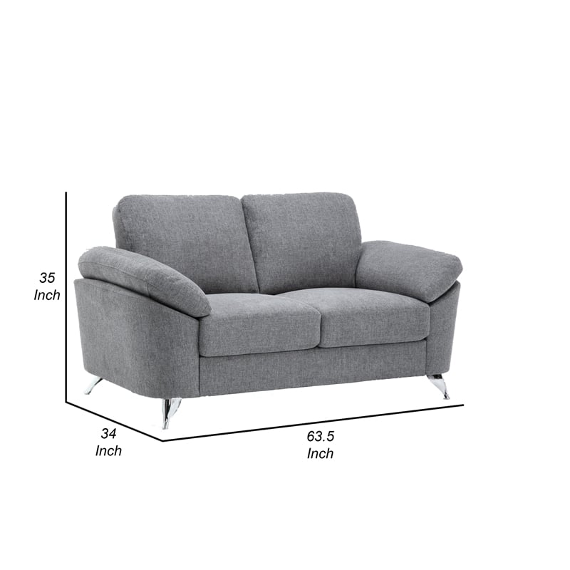 Nel 64 Inch Loveseat with Soft Gray Linen- Chrome Metal Legs- Solid Wood