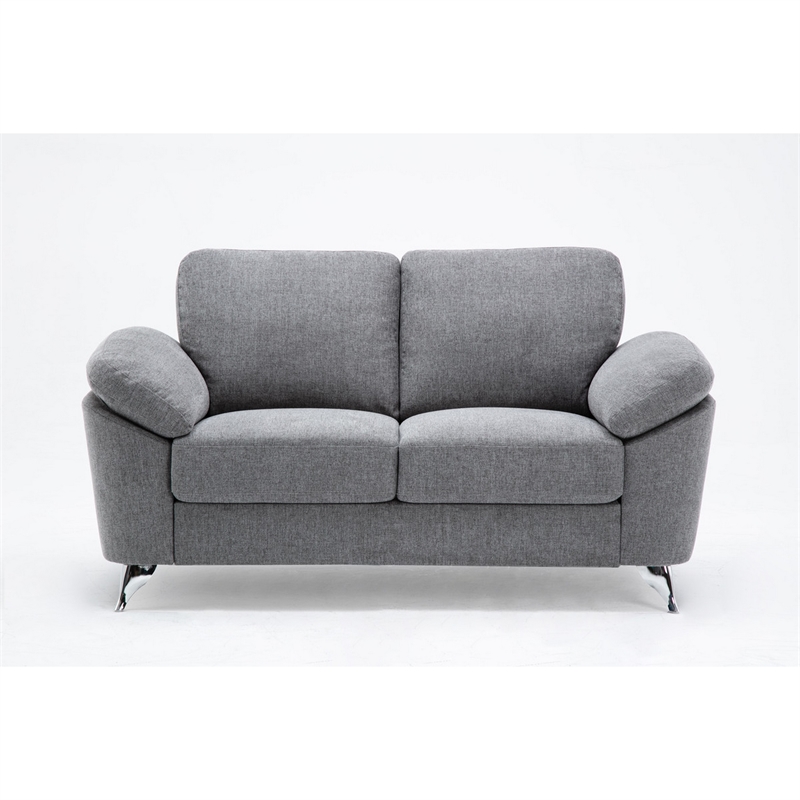 Nel 64 Inch Loveseat with Soft Gray Linen- Chrome Metal Legs- Solid Wood