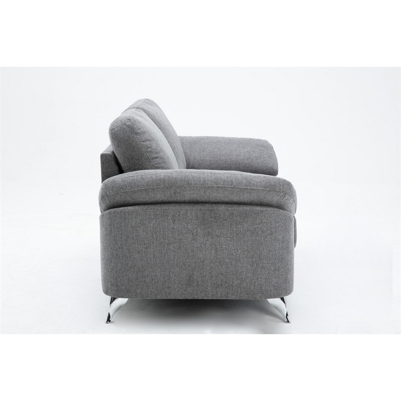 Nel 64 Inch Loveseat with Soft Gray Linen- Chrome Metal Legs- Solid Wood