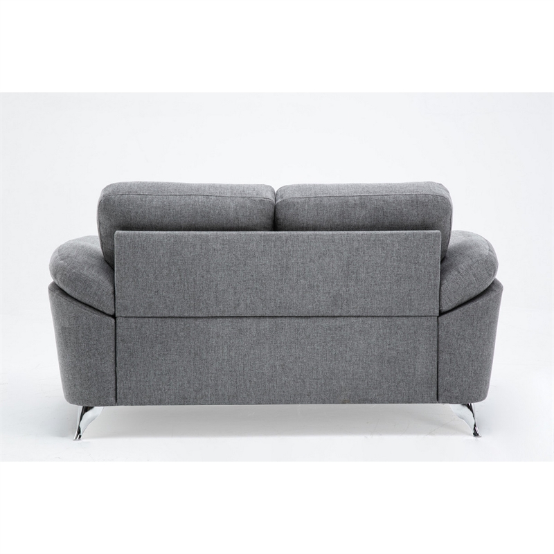 Nel 64 Inch Loveseat with Soft Gray Linen- Chrome Metal Legs- Solid Wood