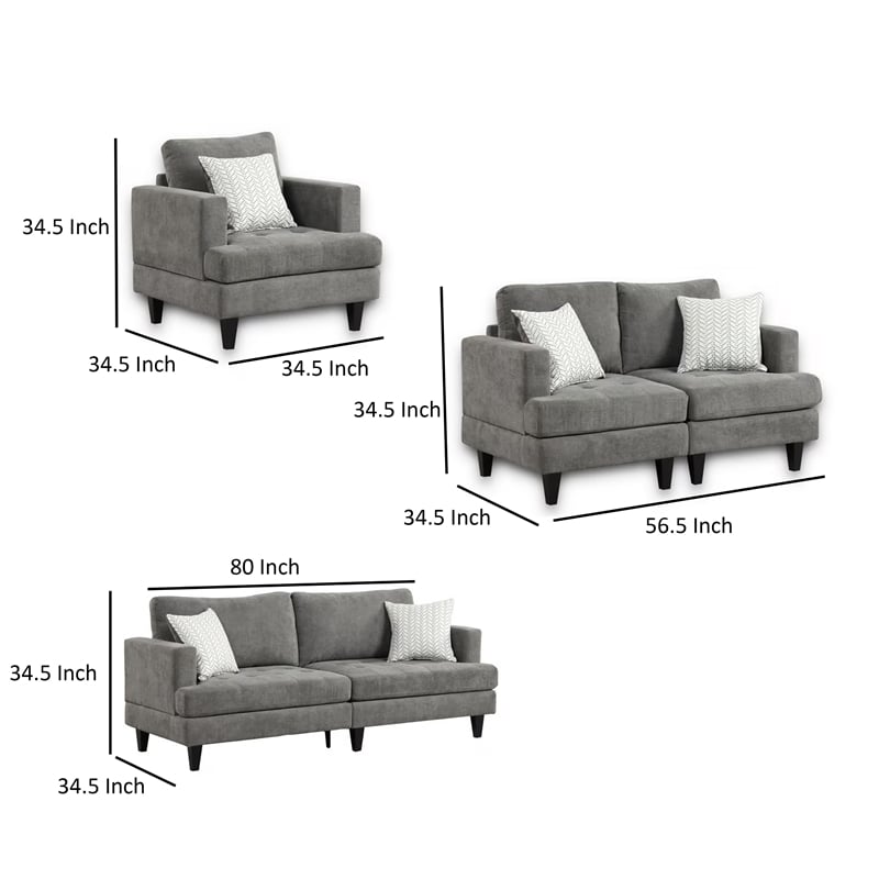 Lae 3 Piece Living Room Sofa- Loveseat- Chair Set- 5 Pillows- Gray Chenille