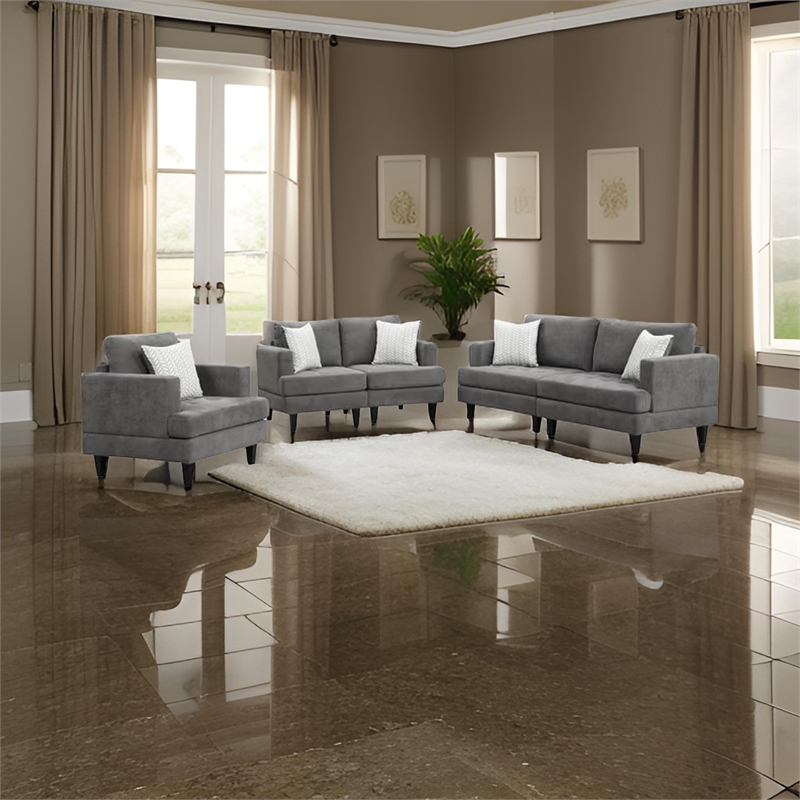 Lae 3 Piece Living Room Sofa- Loveseat- Chair Set- 5 Pillows- Gray Chenille