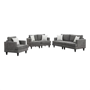Lae 3 Piece Living Room Sofa- Loveseat- Chair Set- 5 Pillows- Gray Chenille