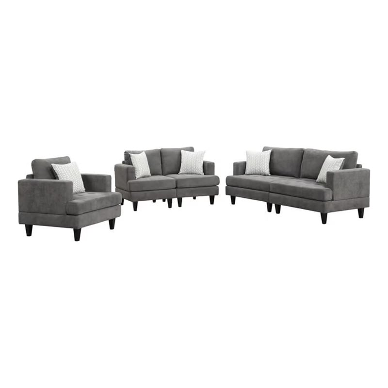 Lae 3 Piece Living Room Sofa- Loveseat- Chair Set- 5 Pillows- Gray Chenille