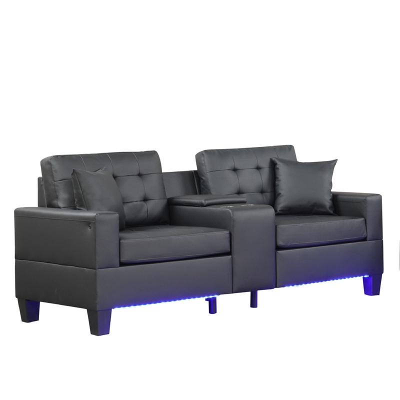 Iris Sofa and Loveseat Set- LED- USB- Cupholders- Black Faux Leather