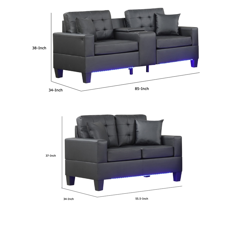 Iris Sofa and Loveseat Set- LED- USB- Cupholders- Black Faux Leather