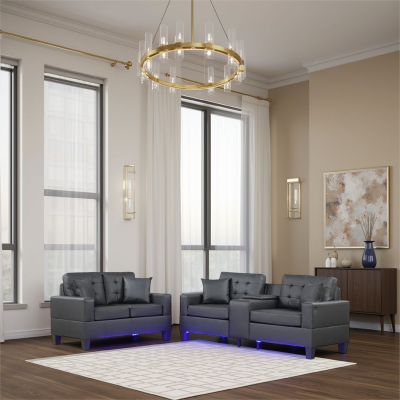Iris Sofa and Loveseat Set- LED- USB- Cupholders- Black Faux Leather