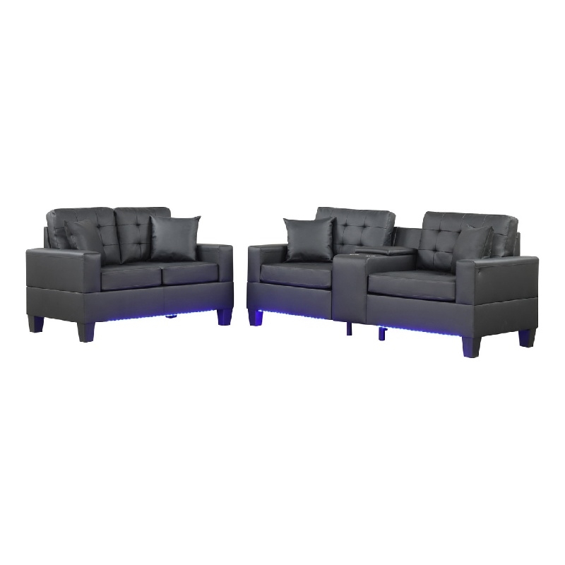 Iris Sofa and Loveseat Set- LED- USB- Cupholders- Black Faux Leather