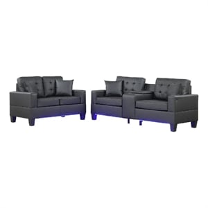 Iris Sofa and Loveseat Set- LED- USB- Cupholders- Black Faux Leather