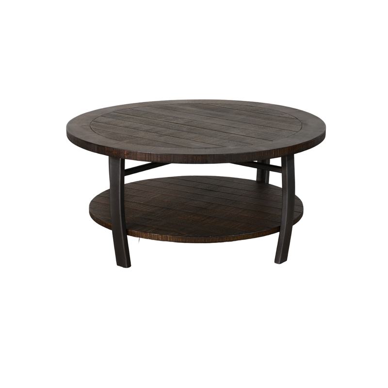 Flint Coffee Table w Shelf- Barrel Shape- 38 Inch Dark Brown Round Top