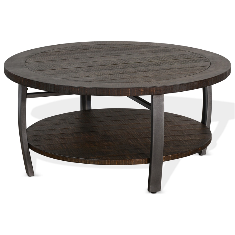Flint Coffee Table w Shelf- Barrel Shape- 38 Inch Dark Brown Round Top