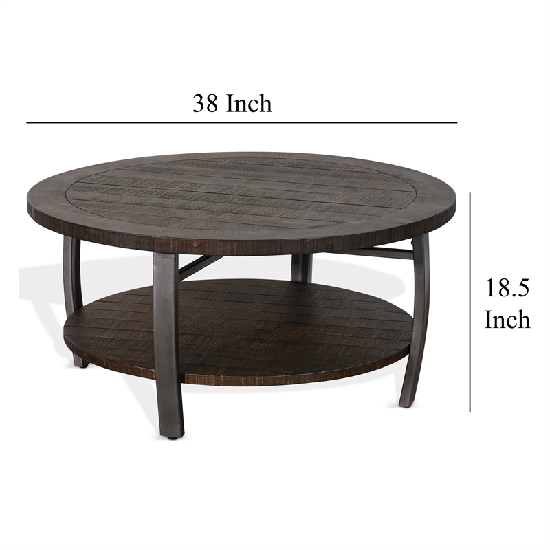 Flint Coffee Table w Shelf- Barrel Shape- 38 Inch Dark Brown Round Top