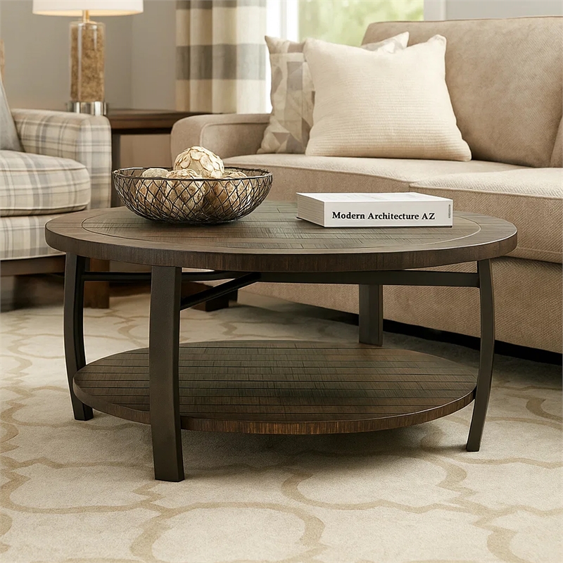 Flint Coffee Table w Shelf- Barrel Shape- 38 Inch Dark Brown Round Top